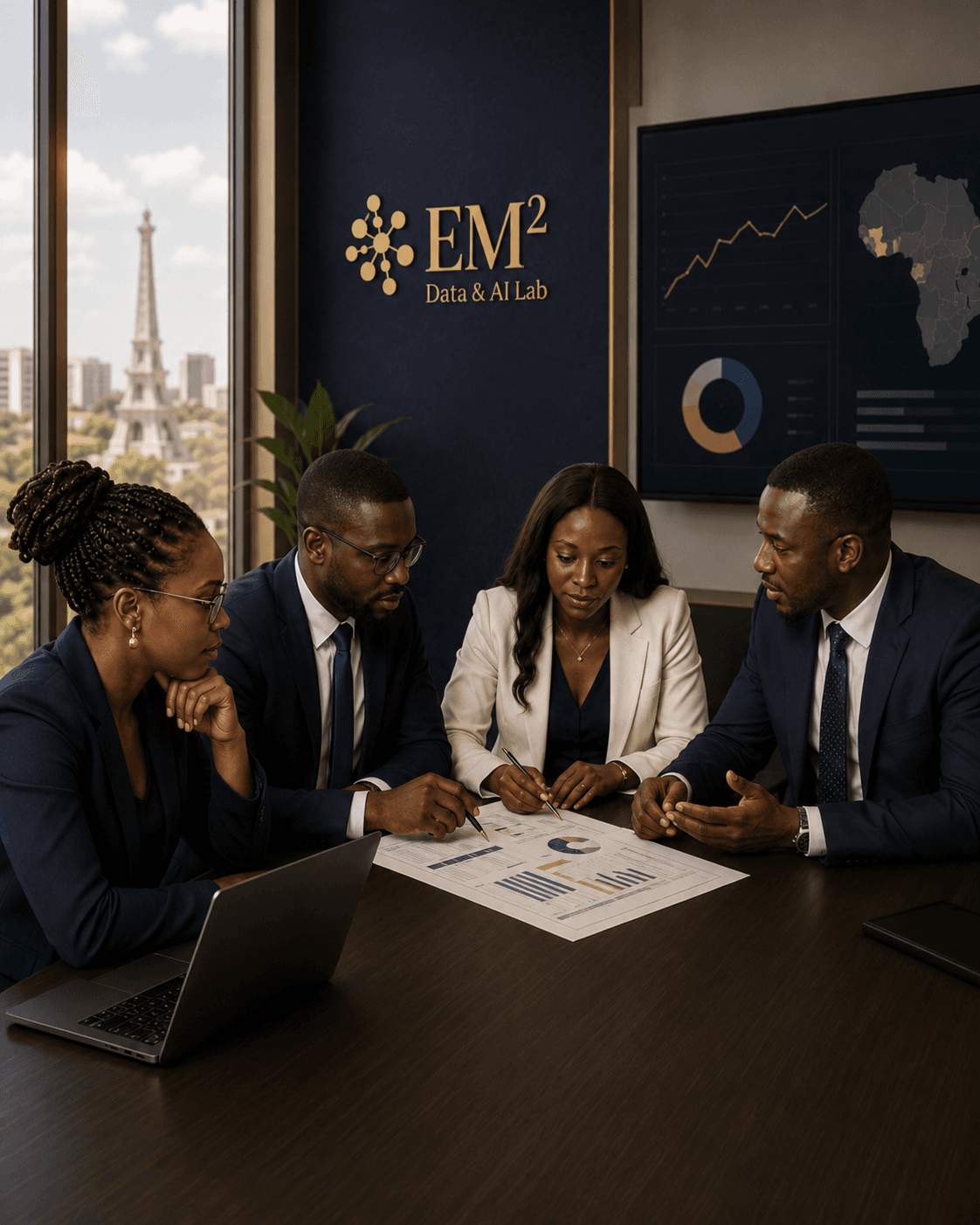 Strategic EM² team meeting around economic data, statistics, and dashboards.